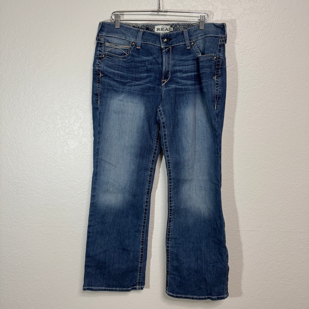 Ariat REAL Denim Jeans Women 34R Blue Rainstorm Whipstitch Bootcut Western Rodeo